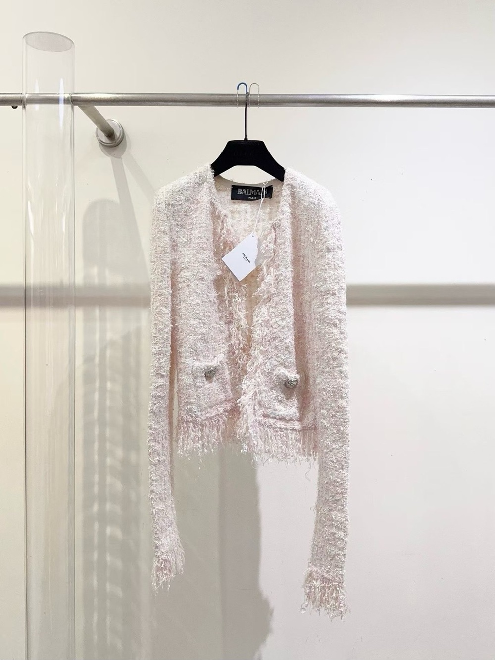 Balmain Soft Pink Bouclé Fringe Cropped Jacket